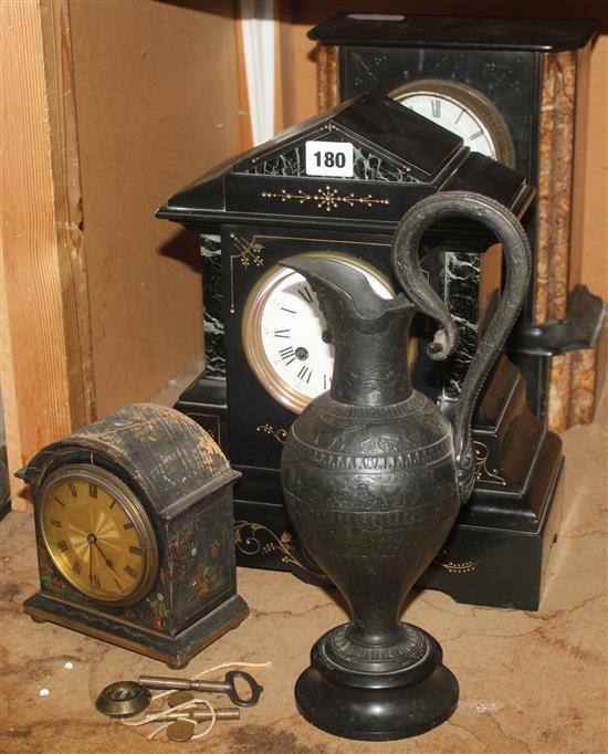 2 black marble clocks, another and a metal ewer